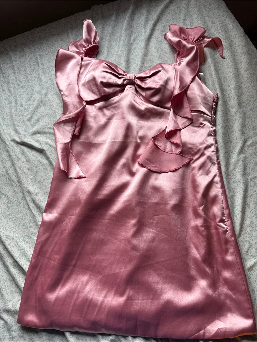 Beginning Boutique Pink Satin Mini Dress with Ruffle Straps